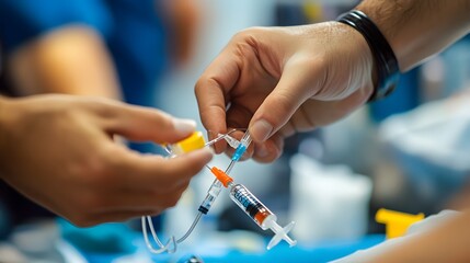 Administering IV: Doctor's hands setting up an intravenous drip, connecting the IV line to a patient's arm. 
