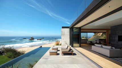 Fototapeta premium Modern Coastal Retreat with Ocean Views and Inviting Interiors