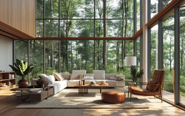 Spacious living room with a white plush corner sofa and brown armchair and pouf on large windows background by forest tree scene. Scandinavian villa interior