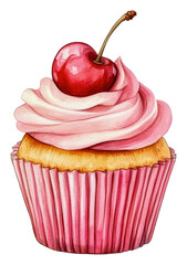 Delicious pink frosted cupcake with cherry on top, cut out - stock png.