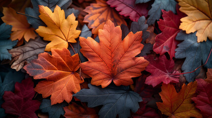 Vibrant autumn maple leaves in red, orange, and brown shades, detailed texture close-up of fallen foliage, creating a colorful seasonal pattern on the forest ground, autumnal atmosphere