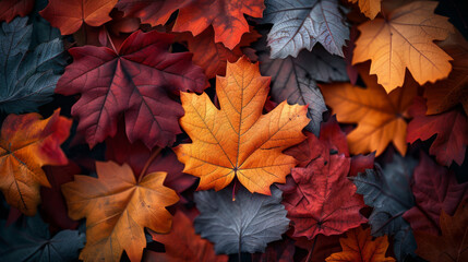 Vibrant autumn maple leaves in red, orange, and brown shades, detailed texture close-up of fallen foliage, creating a colorful seasonal pattern on the forest ground, autumnal atmosphere