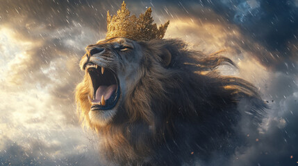 Naklejka premium A lion with a golden crown roaring fiercely, its mane flowing in the wind against a stormy sky.