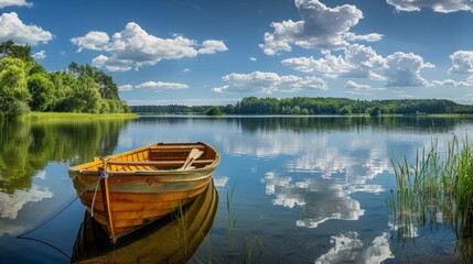 Boat is on the lake on a summer day, panorama