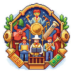 Pixel Art Musical Band Performing with Various Instruments in a Vibrant Setting