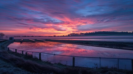Tranquil Sunrise Over Misty Fields with Vibrant Colors