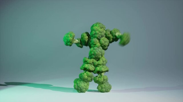 dancing broccoli man on white background. Moving vegetables in a disco. Frash healthy food fun