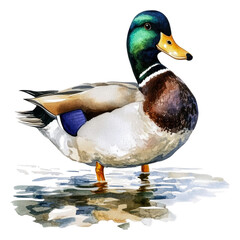 Obraz premium Male mallard duck standing in calm water, cut out - stock png.
