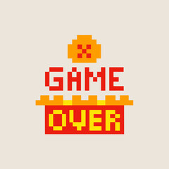 Retro Pixel Art Game Over Screen with Bright Red and Yellow Colors on Beige Background