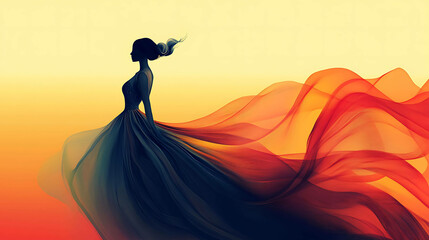 Silhouette of a woman in a flowing dress with a vibrant orange background.