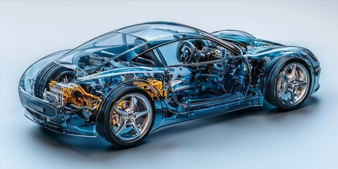 Futuristic Transparent Car Blueprint with Highlighted Components