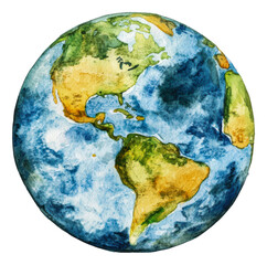 Vibrant watercolor Earth from space, cut out - stock png.