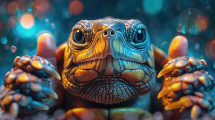 Fototapeta premium Thumbs Up Turtle: A Friendly Portrait of a Cheerful Reptile