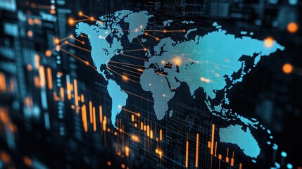 Global Network  Digital World Map with Data Flow and Connections