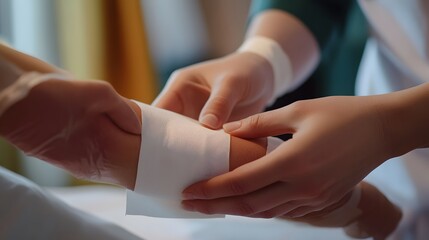 Applying Bandage: Doctor's hands carefully applying a bandage to a patient's arm.
