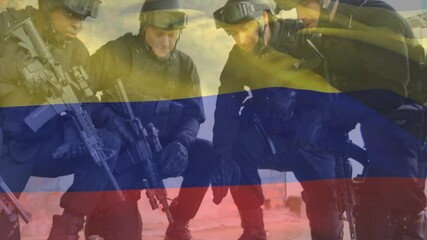 Animation of flag of colombia over diverse male soldiers - Powered by Adobe