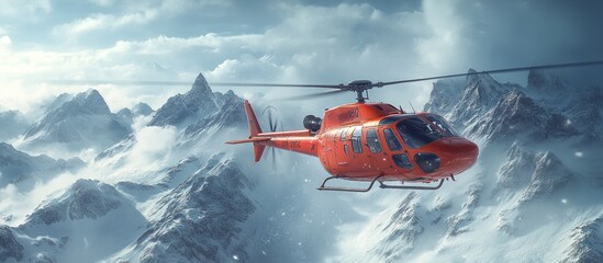 Helicopter Flying Over Snowy Mountains