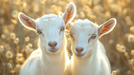 Fototapeta premium Playful Goat Duo in Nature's Backdrop - Funny Animal Portrait in the Field