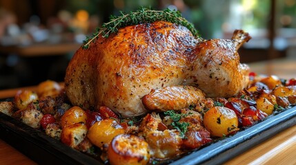 Roasted turkey with roasted vegetables. Perfect for showcasing a delicious Thanksgiving or Christmas dinner.