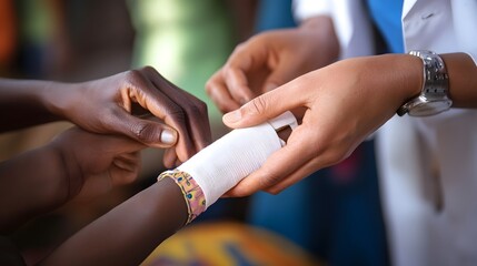 Applying Bandage: Doctor's hands carefully applying a bandage to a patient's arm.
