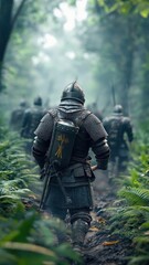 Fototapeta premium African men in majestic knight suits, leading an army through a dense, foggy forest.