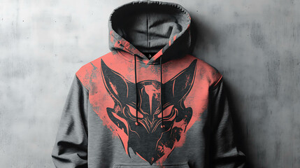 Grey hoodie with a black and red animal face graphic.