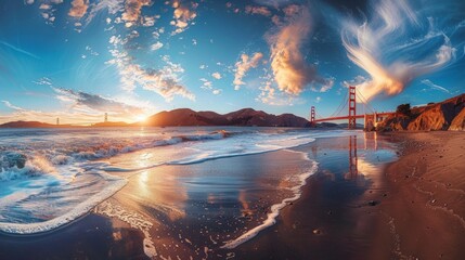 Classic panoramic view of famous Golden Gate Bridge seen from scenic Baker Beach in beautiful golden evening light on a sunny day with blue sky and clouds in summer