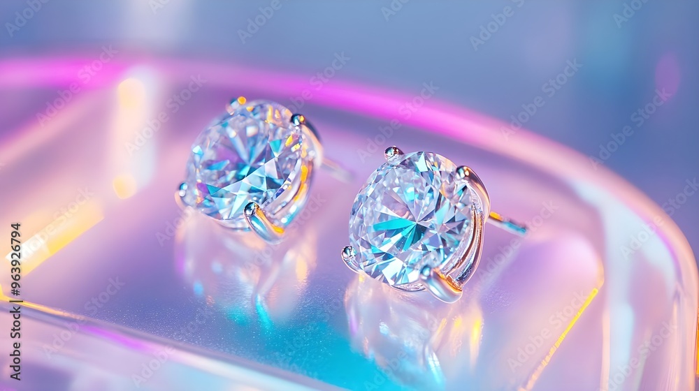 Sticker Diamond Earrings on Holographic Background