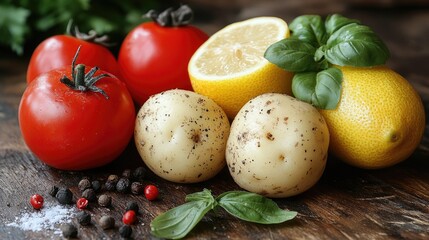 Fresh tomatoes, lemons, and potatoes. Perfect for culinary and food-related projects.