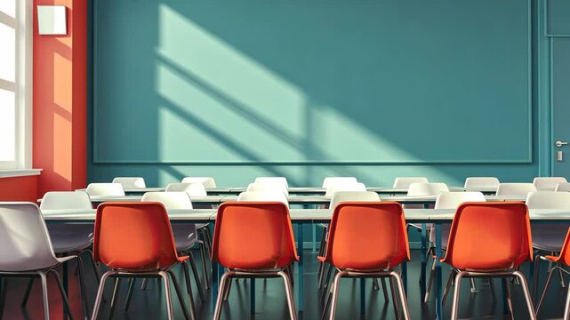 Brightly colored empty classroom with modern furniture and large windows reflecting afternoon sunlight