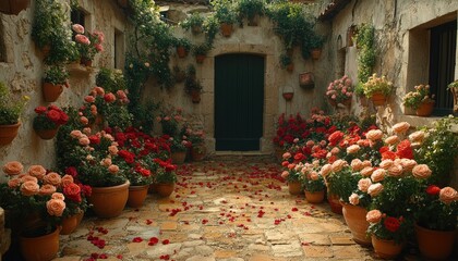 A picturesque courtyard with blooming roses. The vibrant flowers and terracotta pots create a romantic atmosphere, perfect for a wedding or love-themed design project.