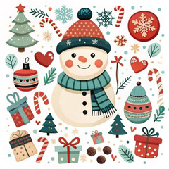 Cute Christmas illustration featuring a snowman with festive decorations and gifts

