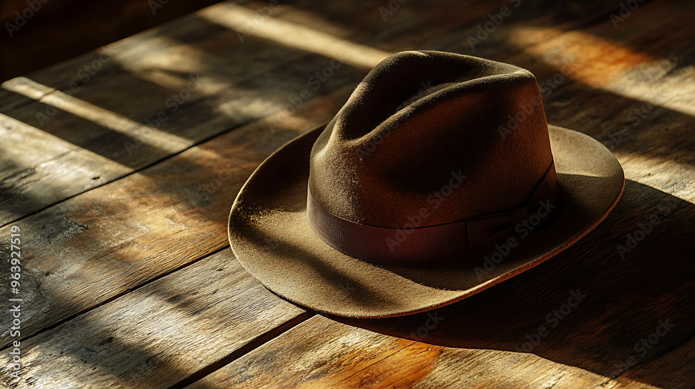 Wall mural A brown fedora hat sits on a wooden table with light streaming through a window.