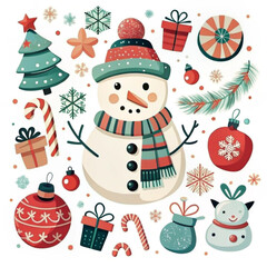 Cute Christmas illustration featuring a snowman with festive decorations and gifts

