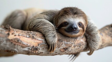 Fototapeta premium Sloth Relaxing on Large Branch - Isolated on White Background
