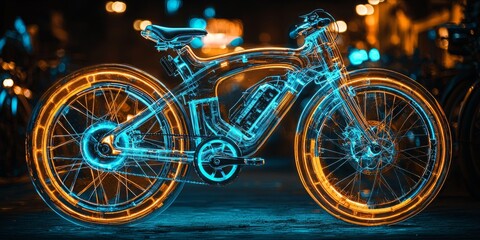 Fototapeta premium Neon-Illuminated Futuristic Bicycle in Vibrant Night City Setting