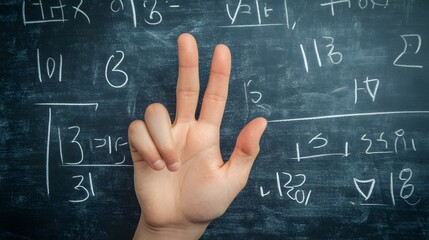 Counting Fingers: A hand showing three fingers against a chalkboard with math equations.
