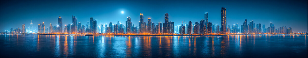 Obraz premium Serene Moonlit Cityscape with Glowing Skylines and Water Reflections - Urban Night Scenery 