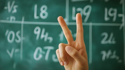 Counting Fingers: A hand showing three fingers against a chalkboard with math equations.
