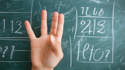 Counting Fingers: A hand showing three fingers against a chalkboard with math equations.
