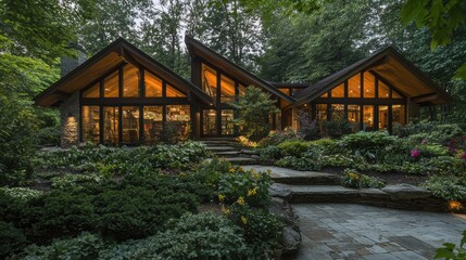 Modern House with Large Windows and Stone Patio Surrounded by Lush Greenery
