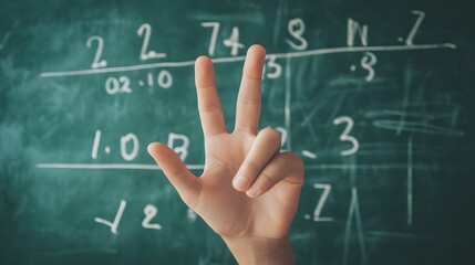 Counting Fingers: A hand showing three fingers against a chalkboard with math equations.
