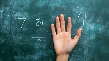 Counting Fingers: A hand showing three fingers against a chalkboard with math equations.
