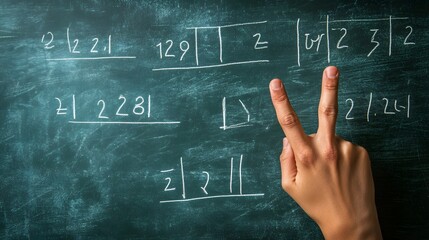Counting Fingers: A hand showing three fingers against a chalkboard with math equations.
