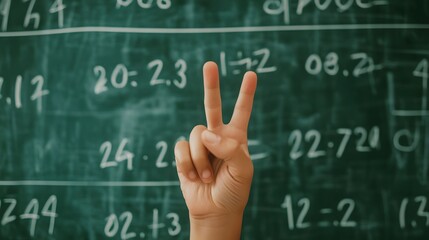 Counting Fingers: A hand showing three fingers against a chalkboard with math equations.
