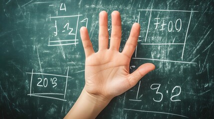 Counting Fingers: A hand showing three fingers against a chalkboard with math equations.
