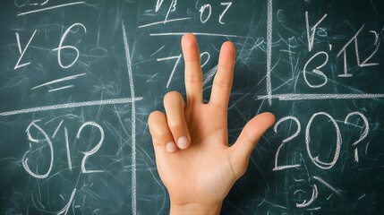 Counting Fingers: A hand showing three fingers against a chalkboard with math equations.
