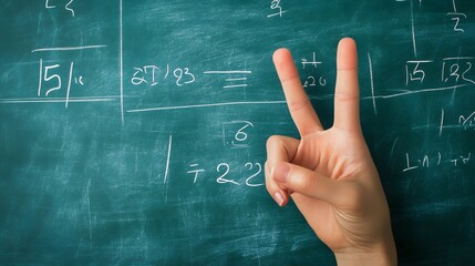 Counting Fingers: A hand showing three fingers against a chalkboard with math equations.
