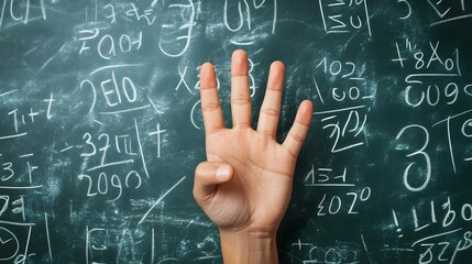 Counting Fingers: A hand showing three fingers against a chalkboard with math equations.
