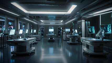 A futuristic medical facility filled with advanced equipment, glowing screens, and robotic arms.
